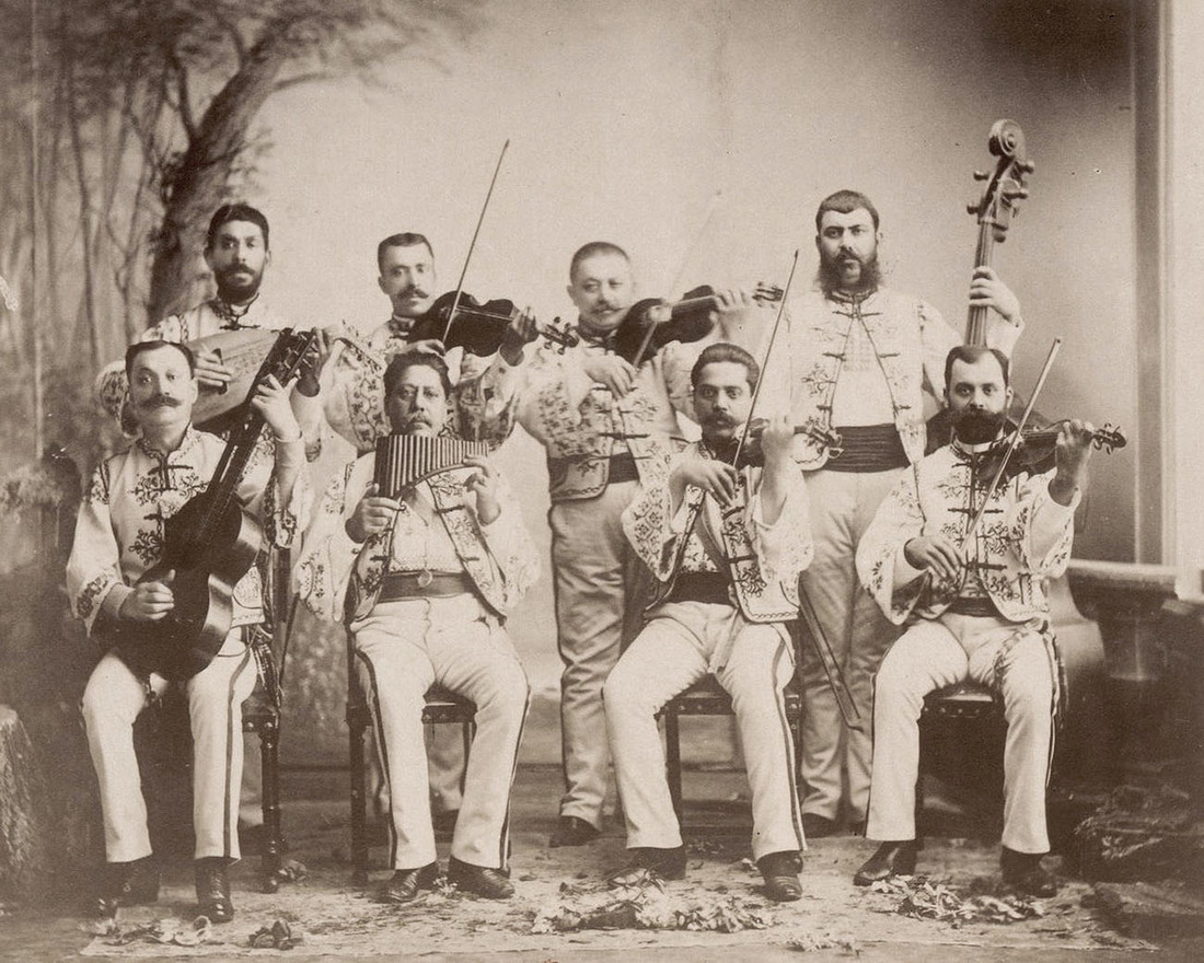Angheluș Dinicu & Sava Pădureanu with their taraf at the 1889 Exposition Universelle. Photo: Paul Nadar, Paris.